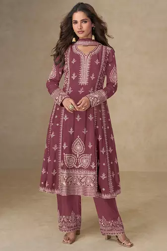 Pink embroidery & sequence work back side full work chinon palazzo suit festive wear