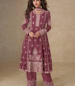 Pink embroidery & sequence work back side full work chinon palazzo suit festive wear