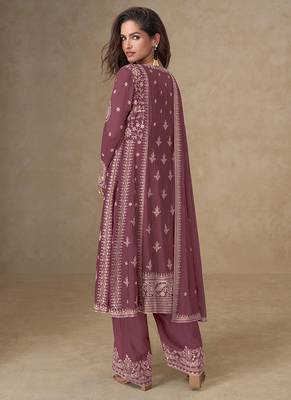 Pink embroidery & sequence work back side full work chinon palazzo suit festive wear 2