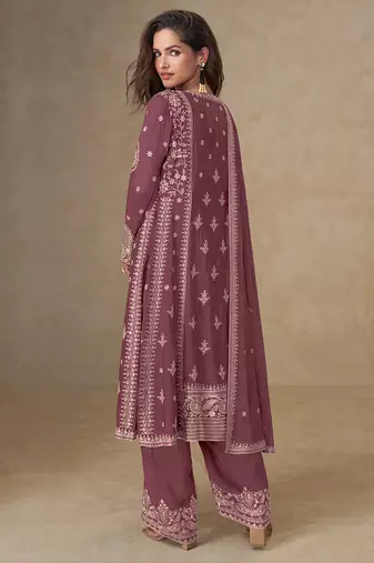 Pink embroidery & sequence work back side full work chinon palazzo suit festive wear