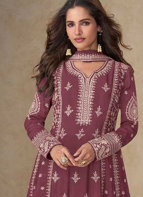 Pink embroidery & sequence work back side full work chinon palazzo suit festive wear 3