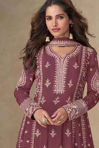 Pink embroidery & sequence work back side full work chinon palazzo suit festive wear