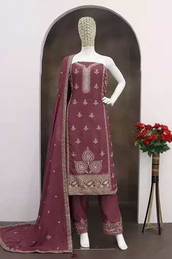 Pink embroidery & sequence work back side full work chinon palazzo suit festive wear