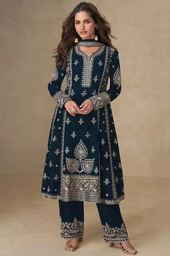 Navy blue embroidery & sequence work back side full work chinon palazzo suit festive wear
