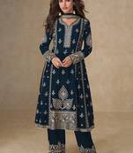 Navy blue embroidery & sequence work back side full work chinon palazzo suit festive wear
