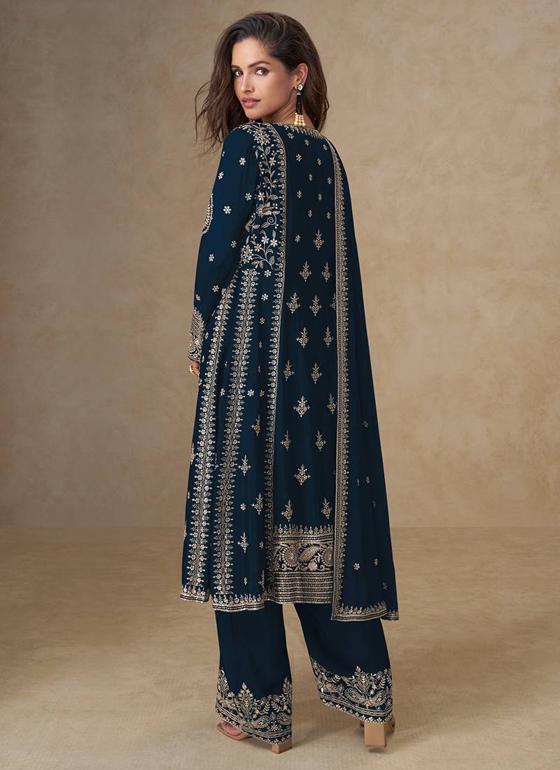 Navy blue embroidery & sequence work back side full work chinon palazzo suit festive wear