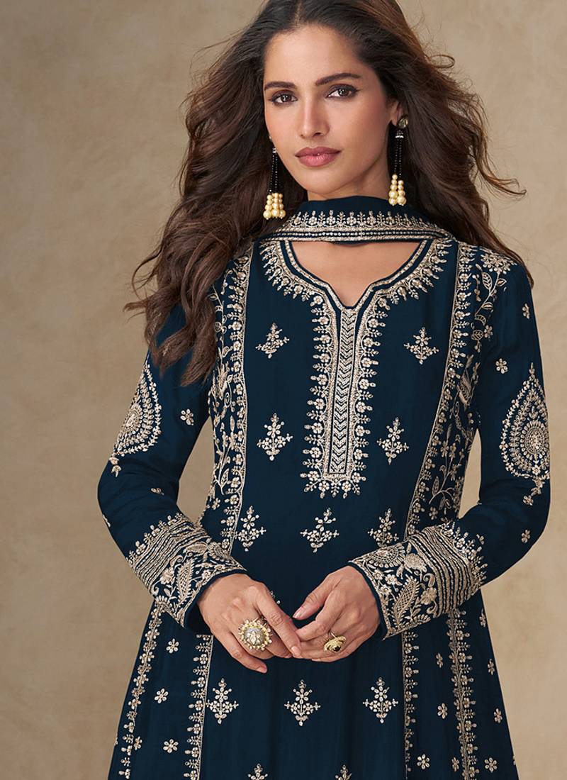 Navy blue embroidery & sequence work back side full work chinon palazzo suit festive wear