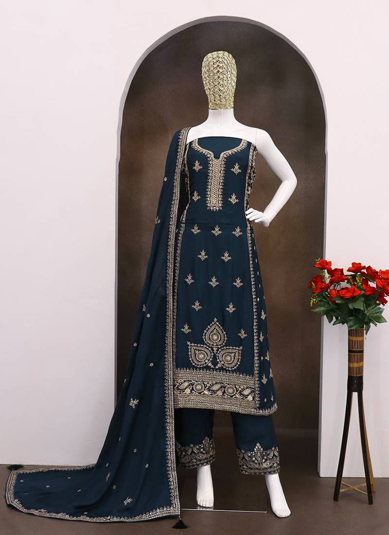 Navy blue embroidery & sequence work back side full work chinon palazzo suit festive wear