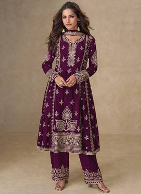 Wine embroidery & sequence work back side full work chinon palazzo suit festive wear 1