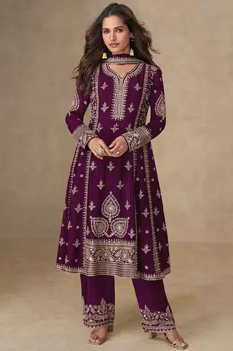 Wine embroidery & sequence work back side full work chinon palazzo suit festive wear