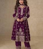 Wine embroidery & sequence work back side full work chinon palazzo suit festive wear