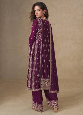 Wine embroidery & sequence work back side full work chinon palazzo suit festive wear 2