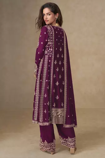 Wine embroidery & sequence work back side full work chinon palazzo suit festive wear
