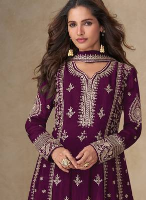 Wine embroidery & sequence work back side full work chinon palazzo suit festive wear 3
