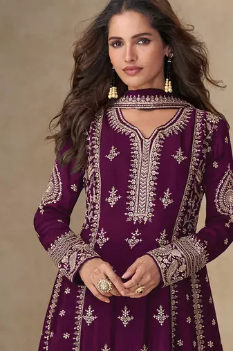 Wine embroidery & sequence work back side full work chinon palazzo suit festive wear