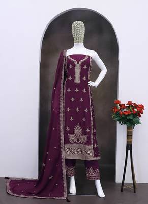 Wine embroidery & sequence work back side full work chinon palazzo suit festive wear 4