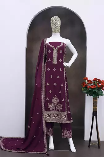 Wine embroidery & sequence work back side full work chinon palazzo suit festive wear