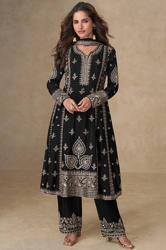 Black embroidery & sequence work back side full work chinon palazzo suit festive wear