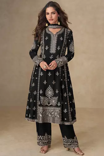 Black embroidery & sequence work back side full work chinon palazzo suit festive wear