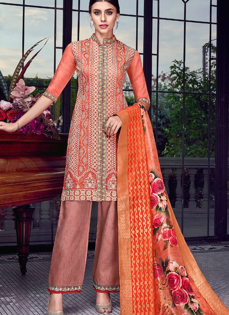 Orange Heavy Embroidered Designer Palazzo Suit