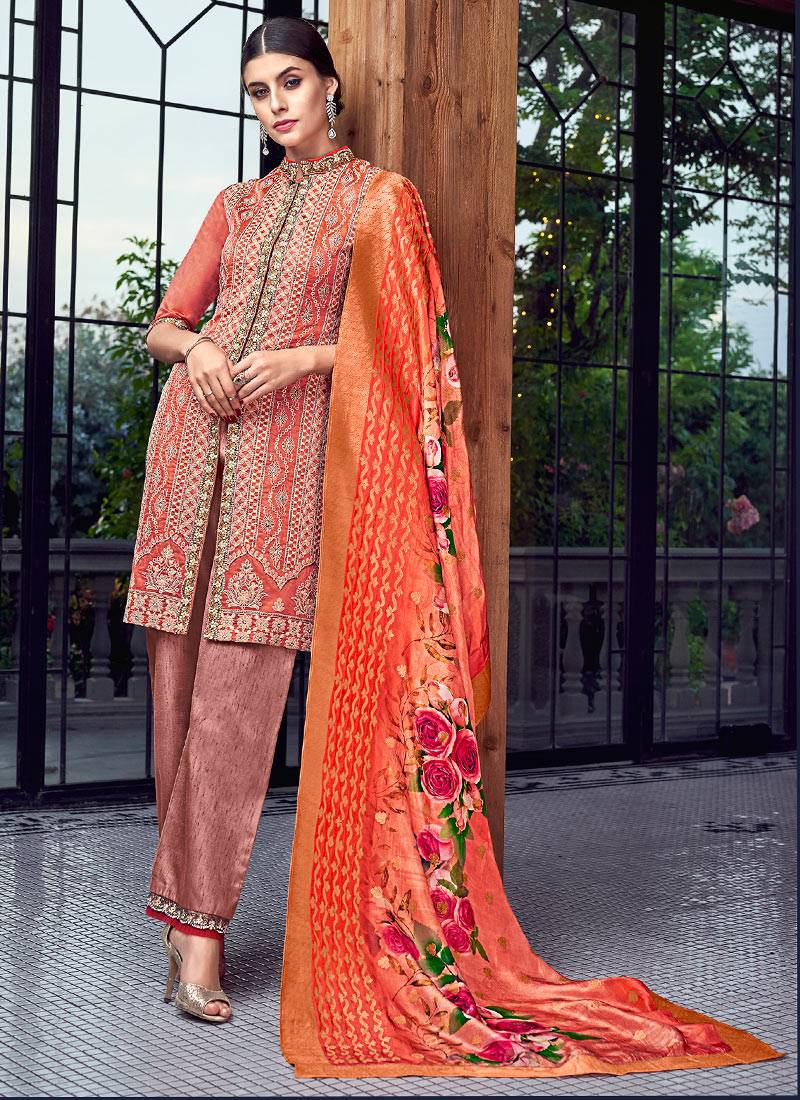 Orange Heavy Embroidered Designer Palazzo Suit