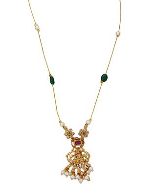 Antique gold lakshmi pendant chain with pearls and green stones for traditional and festive wear 3