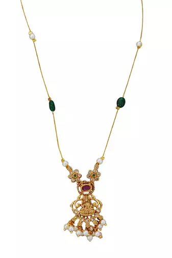 Antique gold lakshmi pendant chain with pearls and green stones for traditional and festive wear