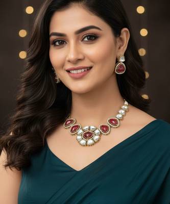 Red stone kundan necklace set with mirror-cut detailing, elegant bridal jewellery with matching earrings 2