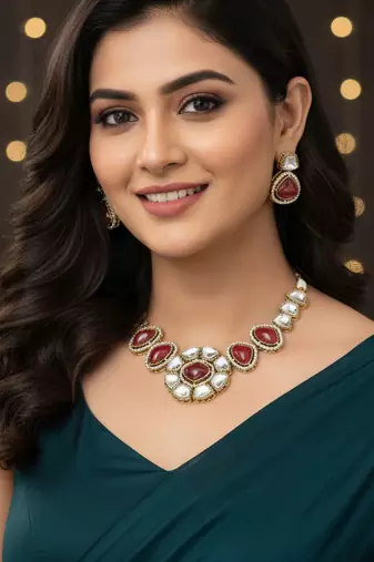 Red stone kundan necklace set with mirror-cut detailing, elegant bridal jewellery with matching earrings