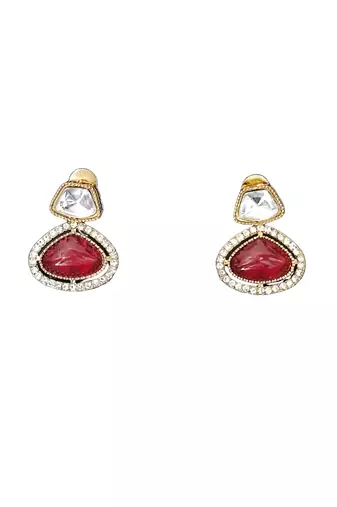 Red stone kundan necklace set with mirror-cut detailing, elegant bridal jewellery with matching earrings