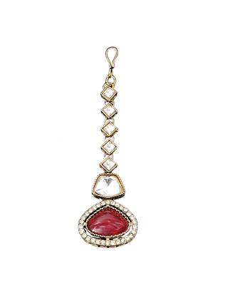 Red stone kundan necklace set with mirror-cut detailing, elegant bridal jewellery with matching earrings 5