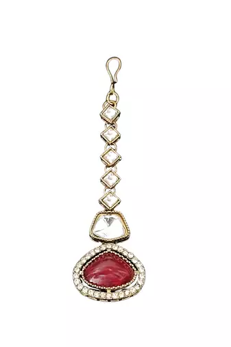 Red stone kundan necklace set with mirror-cut detailing, elegant bridal jewellery with matching earrings