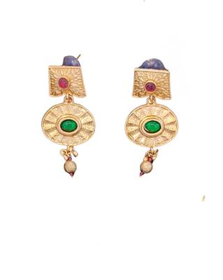 temple necklace set with green and ruby stones, intricate detailing and matching earrings 5