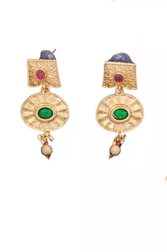 temple necklace set with green and ruby stones, intricate detailing and matching earrings