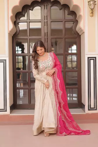 Purple Faux Georgette Kurti And Duptta With Zari & Sequins Embroidered Work