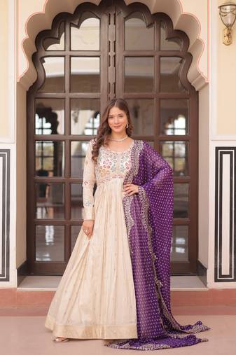 Gown And Duptta With Jequard Weaving Pearl Beads Embroidered Work