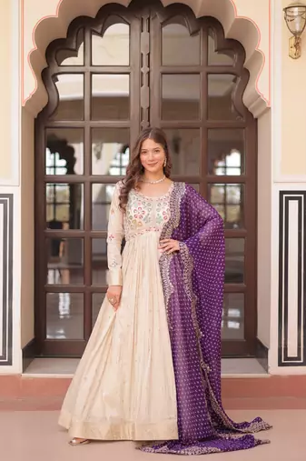 Gown And Duptta With Jequard Weaving Pearl Beads Embroidered Work