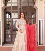 Gown And Duptta With Jequard Weaving Pearl Beads Embroidered Work