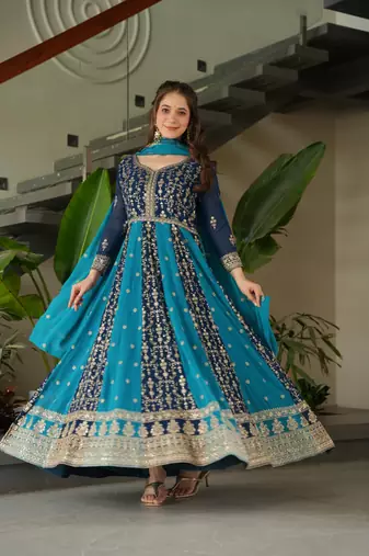Rama Faux Georgette sequins Zari embroidered Kurti with dupatta