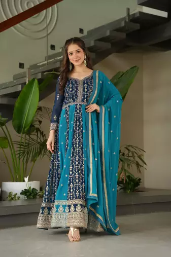 Rama Faux Georgette sequins Zari embroidered Kurti with dupatta