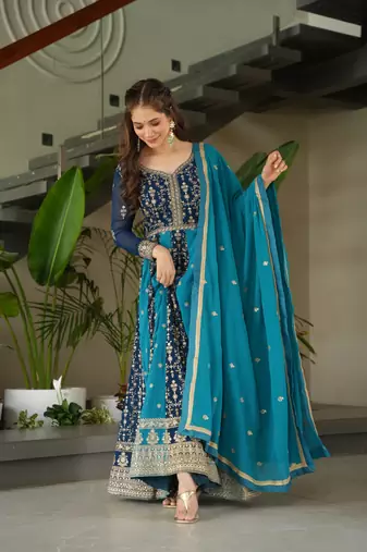 Rama Faux Georgette sequins Zari embroidered Kurti with dupatta