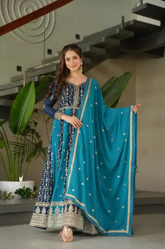 Rama Faux Georgette sequins Zari embroidered Kurti with dupatta