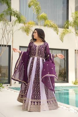 Wine Faux Georgette sequins Zari embroidered Kurti with dupatta 3