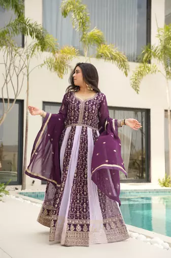 Wine Faux Georgette sequins Zari embroidered Kurti with dupatta