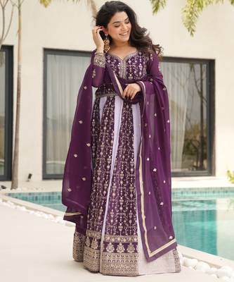 Wine Faux Georgette sequins Zari embroidered Kurti with dupatta 4