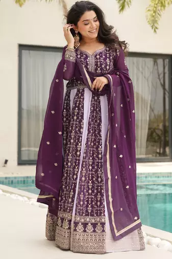 Wine Faux Georgette sequins Zari embroidered Kurti with dupatta