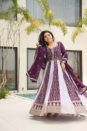 Wine Faux Georgette sequins Zari embroidered Kurti with dupatta