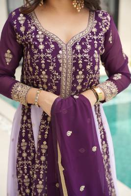 Wine Faux Georgette sequins Zari embroidered Kurti with dupatta 6