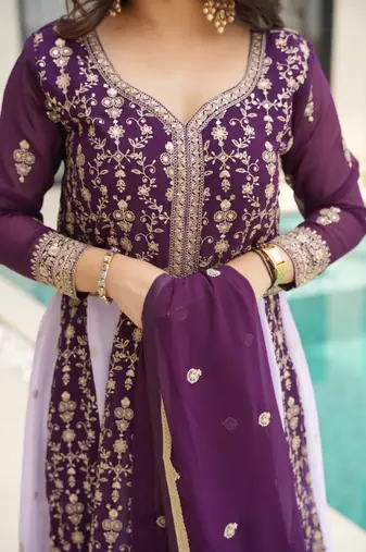 Wine Faux Georgette sequins Zari embroidered Kurti with dupatta