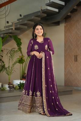 Wine faux georgette sequins Zari embroidered Kurti with dupatta 3